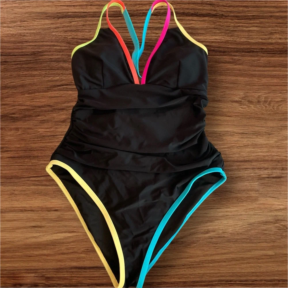 Women's One Piece Neon Color Block Swimsuits Tummy Control Swimwear Deep V Neck - Picture 6 of 6